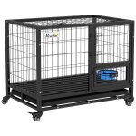 Cage pour chien sur roulettes 2 portes verrouillables - support gamelle, plateau amovible - acier noir ...