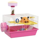 Cage a hamster rat rongeur - plateforme, biberon eau, roue, maisonnette, tubes - acier blanc pp rose