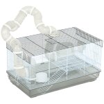 Cage rongeur hamster - tunnel, poign�e, accessoires - plastique acier gris blanc