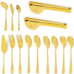 Cfrx - ensemble de couverts de service 14 pices, spatule a gteau dore en acier inoxydable, cuillre ...