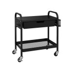 Chariot avec 1 tiroir, 1 tagre, chariot de cuisine chariot de rangement avec crochets, acier, noir