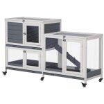 Clapier a lapin sur roulettes 2 niveaux - niche, rampe, plateaux, portes - m�tal bois blanc gris