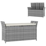 Coffre de jardin en r�sine tress�e avec poign�es et coussin d�houssable dim. 125 x 55 x 70 cm gris