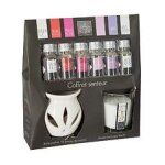 Coffret senteur 8 pi�ces 1 br�le parfum 6 flacons d'huile parfum�e 1 bougie parfum�e