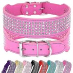 Collier pour chien en cuir synthtique a 5 ranges de strass pour grands chiens, largeur 5 cm, rose vif ...