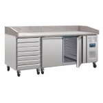 Comptoir inox � pizza 257 litres, 2 portes (l)600 x (p)400 mm, 7 tiroirs � p�tons, dessus en marbre, ...