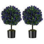 Costway lot de 2 arbres de buis artificiel topiaire 55 cm avec pot en ciment, d�corations plantes pour ...