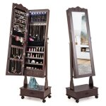 Costway armoire � bijoux avec miroir pleine longueur, 4 roues verrouillables, lumi�res led et tiroirs, ...