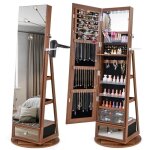 Costway armoire � bijoux pivotante � 360 - miroir pleine longueur, lumi�res led, etag�re 3 niveaux, porte ...