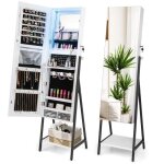 Costway armoire � bijoux sur pied avec miroir pleine longueur hd, lumi�res led 3 couleurs et miroir int�rieur, ...