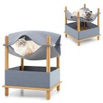 Costway maison pour chat en bois a 2 niveaux, condo semi - clos, feutres amovibles, espace de rangement, ...