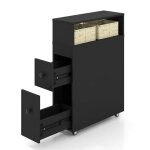 Costway meuble de salle de bain mobile - 2 tiroirs 2 paniers en rotin et 4 roulettes, r�servoir de brosse ...