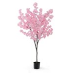 Costway plante artificielle fleurs roses 190cm en pot remplies de ciment - troncs de pe simuls dcoration ...