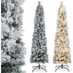 Costway sapin de no�l lumineux 180cm floqu� de neige 150 lumi�res blanches chaudes forme de crayon 373 ...