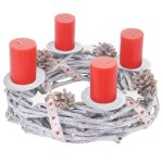 Couronne de l'avent ronde, d�coration de no�l, bois, Ø 30cm, blanc / gris avec des bougies, rouge