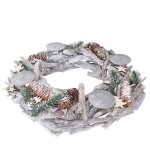 Couronne de l'avent ronde, d�coration de no�l, bois, Ø 48cm, blanc / gris sans des bougies
