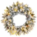 Couronne de no�l artificielle led 60 cm - pommes de pin, baies rouges, 50 led blanc - effet enneig�