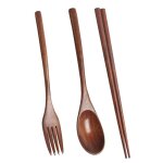 Couverts en bois portables ecologiques r�utilisables, ensemble d'ustensiles cuill�re fourchette baguettes ...