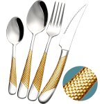 Couverts de table 24 pieces marteles argent or avec couteau dentel 2 en 1 ultra tranchant, menagere ...