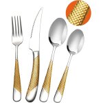 Couverts de table 24 pieces marteles moderne or argent avec couteau dentel 2 en 1 ultra tranchant, ...