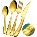Couverts de table 24 pieces marteles or avec couteau dentel 2 en 1 ultra tranchant, menagere inox 18 ...