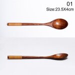 Cuill�re a dessert japonaise en bois naturel, longues cuill�res rondes a long manche pour la cuisson ...
