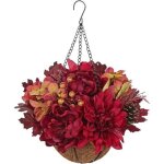 D�coration automnale suspendue pot en fibre de coco et bois avec fleurs artificielles pivoines dahlias ...