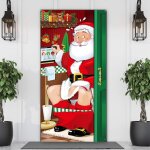 D�corations de f�te de no�l, couverture de porte de toilette dr�le de p�re no�l en tissu toile de fond ...