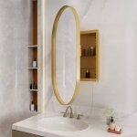 El�gant miroir ovale avec armoire int�gr�e, armoire murale avec structure m�tallique, finition dor�e