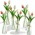 Ensemble 6 vases en verre avec 12 tulipes artificielles pu real touch, d�coration salon chambre cuisine, ...