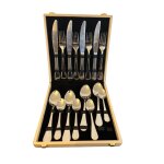 Ensemble de couverts 16 pices avec couteau, fourchette, cuillre, cuillre a caf, bote en bois