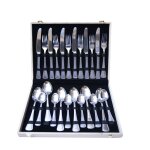 Ensemble de couverts 24 pices avec couteau, fourchette, cuillre, cuillre a caf, bote en bois