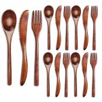 Ensemble de couverts en bois, 15 pi�ces, cuill�re, fourchette, couteau, ustensiles de table en bois