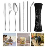 Ensemble de couverts r�utilisables, 7 pi�ces, ustensiles en acier inoxydable antirouille paille fourchette ...