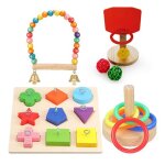 Ensemble de jouets d'oiseaux 4 styles avec bloc en bois, puzzle entra�nement perroquet, basket - ball ...