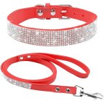 Ensemble laisse et collier pour chien et chat - en daim souple - avec strass - rouge - taille m