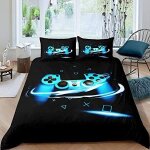 Ensemble de literie pi��ces console de jeu d blanc gris bleu noir vert jaune motif double housse de couette ...