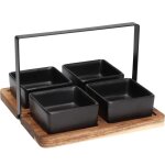 Ensemble plats service acacia 20x20cm + 4 bols gr�s noir 8x8cm