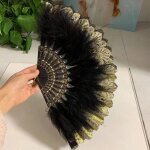 Eventail � main blanc en plumes de marabout style vintage 23 x 42 cm � paillettes dor�es noir yonis
