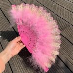 Eventail � main blanc en plumes de marabout style vintage 23 x 42 cm � paillettes dor�es rose yonis