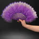 Eventail � main blanc en plumes de marabout style vintage 23 x 42 cm � paillettes dor�es violet yonis ...