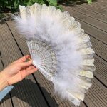 Eventail � main blanc en plumes de marabout style vintage 23 x 42 cm � paillettes dor�es blanc yonis