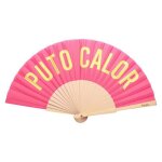 Eventail original avec message  puto calor . eventail en bois moderne et amusant. eventail rose et jaune. ...