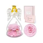 Figurine ange en verre avec rose eternelle rose - cadeau femme maman - d�me 13cm fleur naturelle pr�serv�e ...