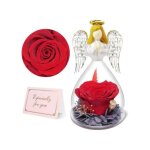 Figurine ange en verre avec rose eternelle rouge, cadeau femme unique, rose naturelle classe a, 7x7x13 ...