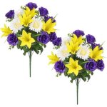 Fleurs artificielles briful lys lot de 2 bouquets r�alistes 33x36 cm jaune outdoor anti - uv pluie soleil ...