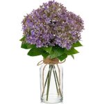 Fleurs artificielles hortensias violets 25 cm dans vase en verre transparent imitation eau jute d�co ...