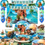 Fournitures de f�te d'anniversaire moana, d�corations de f�te moana, ensemble de vaisselle ballons banni�re, ...