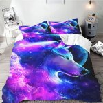 Galaxy wolf parure de lit simple avec housse de couette pour adolescents, motif loup, noir, bleu clair ...
