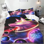 Galaxy wolf parure de lit simple avec housse de couette pour adolescents, motif loup, noir, bleu clair ...